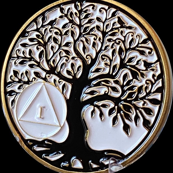 1 - 10 Year AA Medallion Tree Of Life White on Black Serenity Prayer Medallion Coin Chip