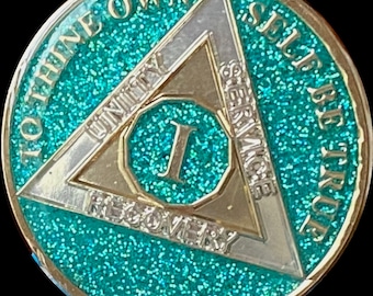 1 año AA Medallion Caribe Turquesa Brillo Tri-Placa Sobriedad Chip