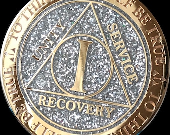 1 2 3 4 or 5 Year AA Medallion Reflex Silver Glitter Color Gold Plated Sobriety Chip