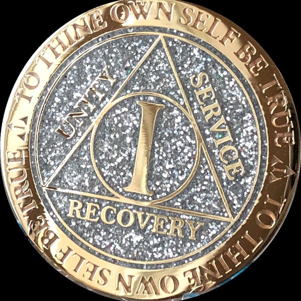 1 2 3 4 or 5 Year AA Medallion Reflex Silver Glitter Color Gold Plated Sobriety Chip