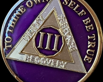 3 Year AA Medallion Metallic Purple Tri-Plate Sobriety Chip