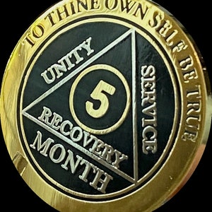 5 Month AA Medallion Elegant Black Gold and Silver Plated Sobriety Chip