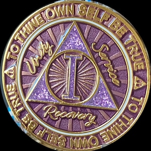 1 2 3 4 or 5 Year AA Medallion Cosmic Purple Glitter Alcoholics Anonymous Sobriety Chip