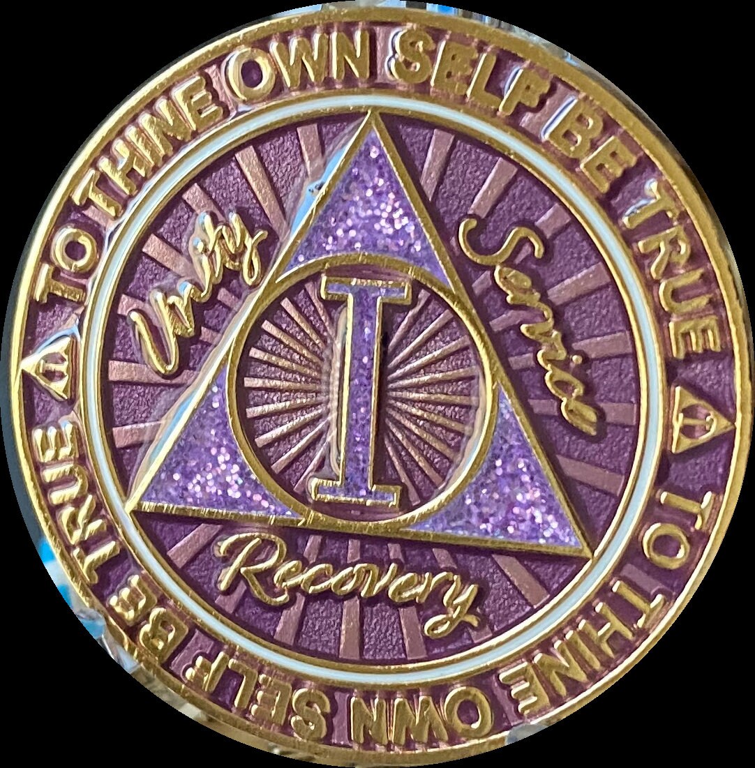 1 2 3 4 oder 5 Jahre AA Medaillon Cosmic Lila Glitzer Alkoholiker Anonymous Sobriety Chip
