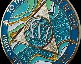 16 Year AA Medallion Elegant Marble Caribbean Aqua Glitter and Blue Sobriety Chip