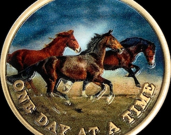 Brown Horses Galloping One Day At A Time Medallion Serenity Peace Within Storm Coin