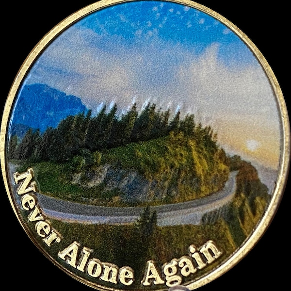 Never Alone Again Medallion Color Mountain Road Scene Sobriety Chip
