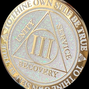 3 Year AA Medallion Reflex White Glitter Color Gold Plated Sobriety Chip