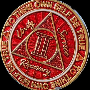 2 Year AA Medallion Cosmic Red Glitter Alcoholics Anonymous Sobriety Chip