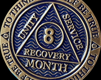 1 2 3 4 5 6 7 8 9 10 11 18 Month AA Medallion Reflex Dusty Blue Antique Bronze Sobriety Chip