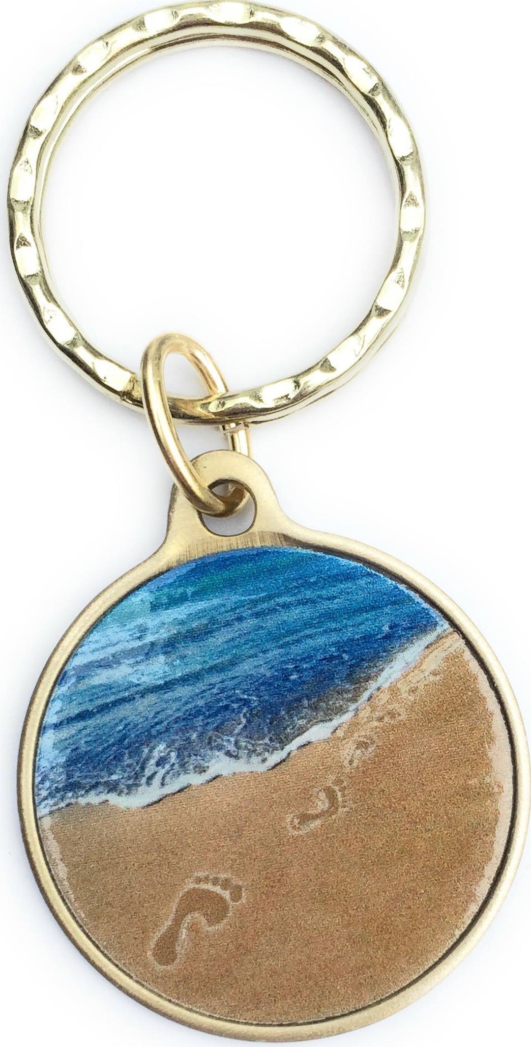 Sand Keychain Foot Prints in the Sand Blue Color Water and Bronze Keychain Footprints ...