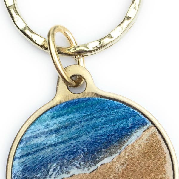 Foot Prints In The Sand Blue Color Water and Bronze Keychain Footprints Key Chain Tag Medallion Coin