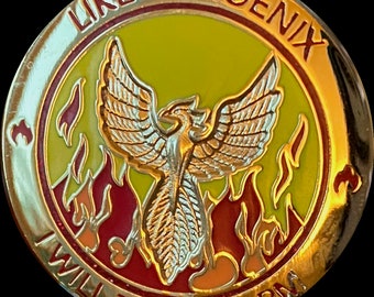 May include: A round pin in gold with a red and yellow background. A silver phoenix is rising from flames with the text "Like a Phoenix I Will Transform" around the edge.