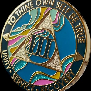 1 - 40 Jahre AA Medaillon Elegant Marmor Tahiti Petrol und Pink Sobriety Chip