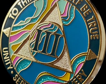 1 - 40 Year AA Medallion Elegant Marble Tahiti Teal and Pink Sobriety Chip