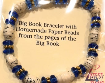 AA Big Book Bracelet Blue and Silver Beads Made With Pages From Alcoholics Anonymous