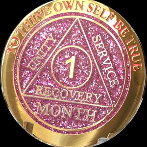 Medallón del Mes AA 1 2 3 4 6 9 o 18 Meses Reflex Pink Glitter Gold Plated Sobriety Chip