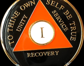 1 Year AA Medallion Black and Orange Tri-Plate Sobriety Chip