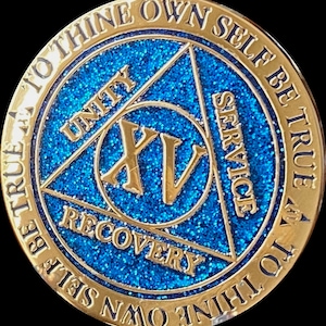 15 20 25 or 30 Year AA Medallion Reflex Blue Glitter Gold Plated Sobriety Chip
