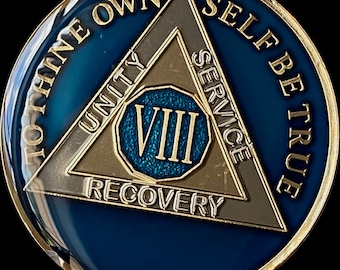 Chip de sobriedad de tres placas azul medianoche con medallón AA de 8 años