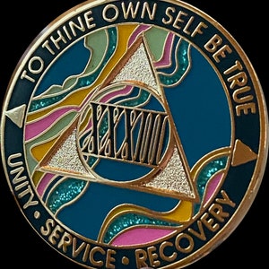 33 Year AA Medallion Elegant Marble Tahiti Teal Blue and Pink Sobriety Chip