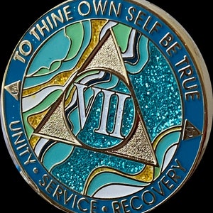 7 años AA Medallion Elegante mármol Caribbean Aqua Glitter y Blue Sobriety Chip