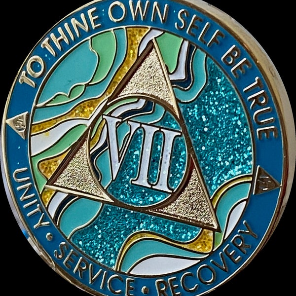 7 Year AA Medallion Elegant Marble Caribbean Aqua Glitter and Blue Sobriety Chip