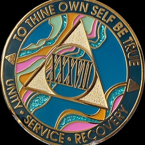 37 Year AA Medallion Elegant Marble Tahiti Teal Blue and Pink Sobriety Chip