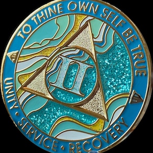 1 2 3 4 oder 5 Jahre AA Medaillon Elegant Marmor Karibik Aqua Glitzer und BlauEr Sobriety Chip