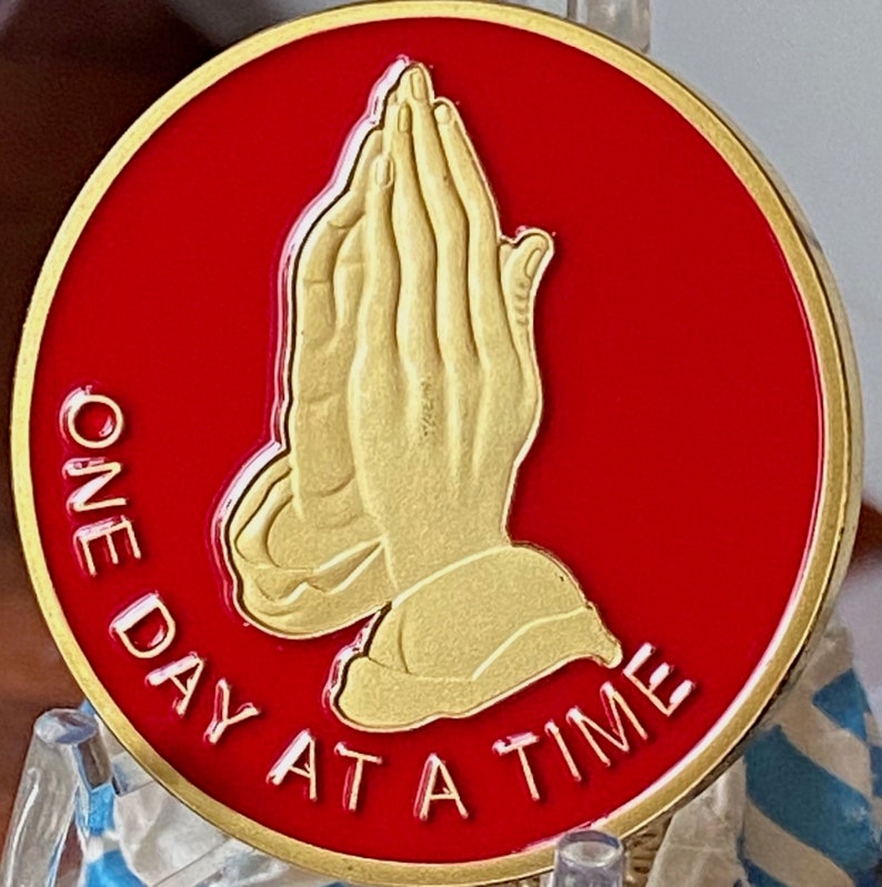 Praying Hands One Day at A Time Red Gold Tone Serenity Prayer Medallion ...