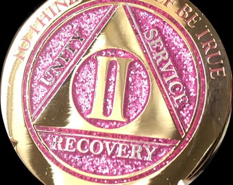 1 2 3 4 5 6 7 8 9 10 Year AA Medallion Elegant Pink Glitter Gold and Silver Plated Sobriety Chip