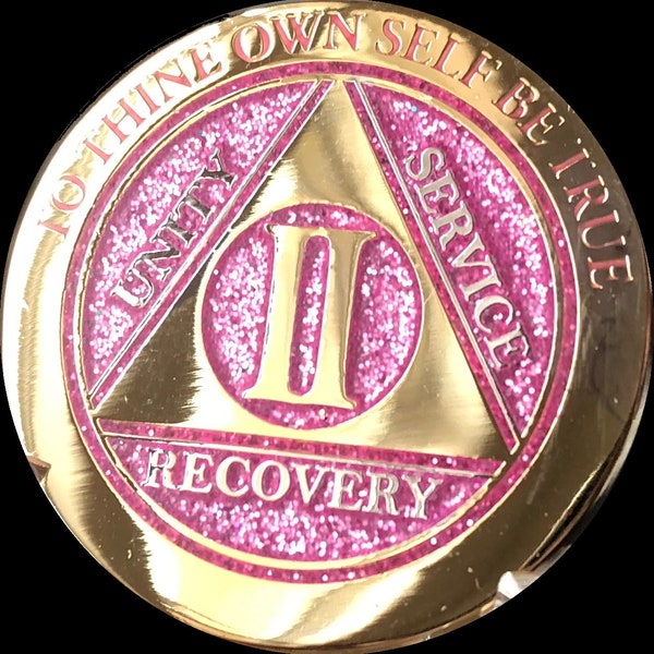 1 2 3 4 5 6 7 8 9 10 Year AA Medallion Elegant Pink Glitter Gold and Silver Plated Sobriety Chip