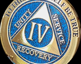 1 2 3 4 or 5 Year AA Medallion Elegant Blue Glitter and Gold and Silver Plated Sobriety Chip