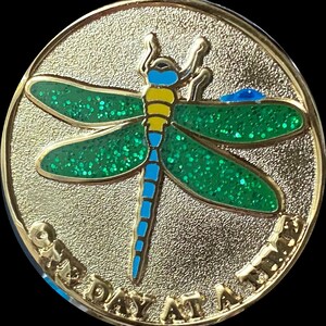 Green Glitter Dragonfly One Day At A Time Medallion Gold Plated Serenity Prayer Chip