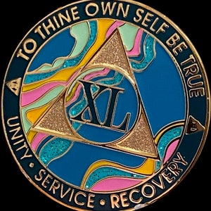 40 Year AA Medallion Elegant Marble Tahiti Teal Blue and Pink Sobriety Chip