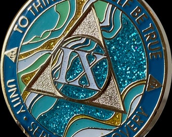 9 Year AA Medallion Elegant Marble Caribbean Aqua Glitter and Blue Sobriety Chip