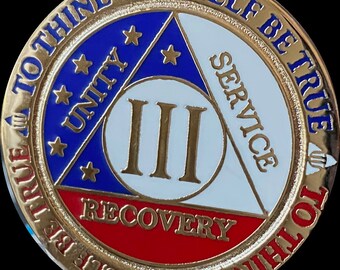 1 2 3 4 or 5 Year AA Medallion Reflex Red White Blue Patriotic Color Gold Plated Sobriety Chip