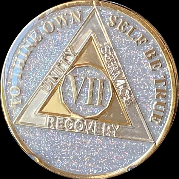 1 2 3 4 5 6 7 8 9 10 Year AA Medallion Silver Opal Glitter Tri-Plate Sobriety Chip
