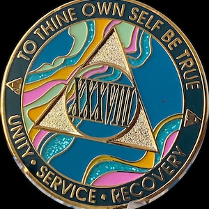 38 Year AA Medallion Elegant Marble Tahiti Teal Blue and Pink Sobriety Chip