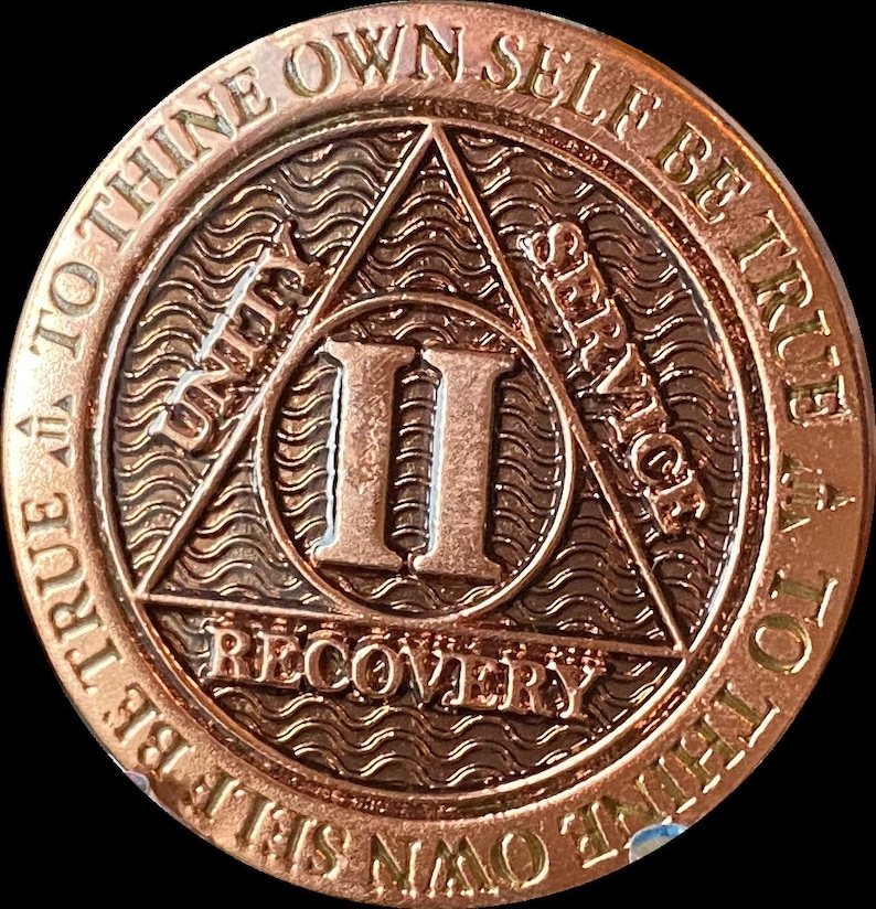 2 Year AA Medallion Copper Plated Reflex Black Design Serenity Prayer Sobriety Chip
