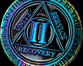 1 2 3 4 5 6 7 8 9 or 10 Year AA Medallion Reflex Rainbow Plated Black Color Sobriety Chip
