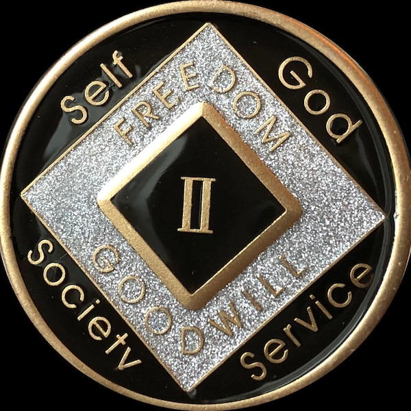 NA Clean Time Chip Black Silver Glitter Tri-Plate Narcotics Anonymous Medallion Year 1 - 40