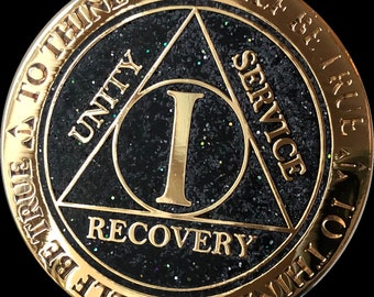 1 2 3 4 or 5 Year AA Medallion Reflex Black Glitter Color Gold Plated Sobriety Chip