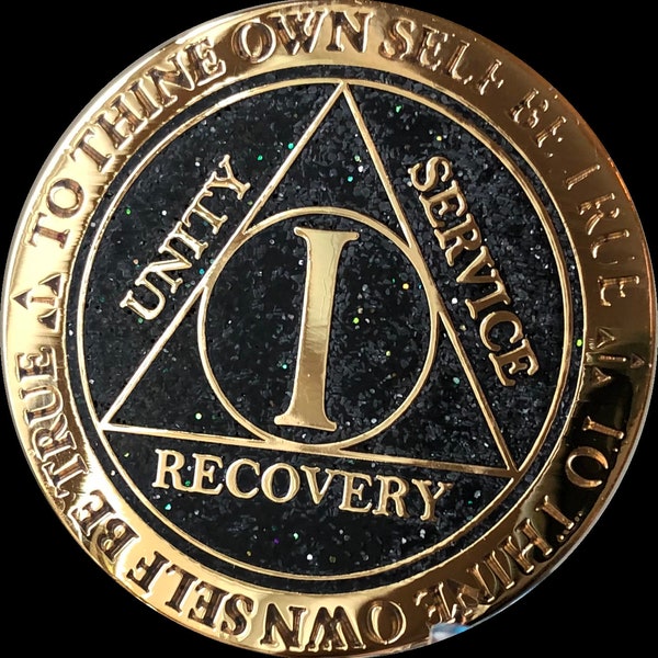 1 2 3 4 or 5 Year AA Medallion Reflex Black Glitter Color Gold Plated Sobriety Chip