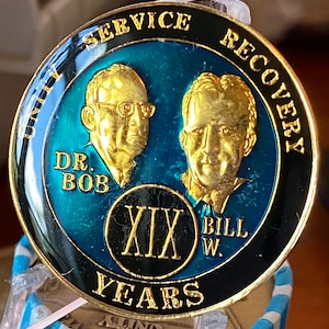 1 - 50 Year AA Founders Medallion Blue Tri-Plate Sobriety Chip Bill and Bob Coin