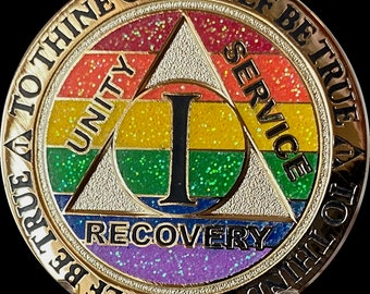 1 2 3 4 5 or 30 Year AA Medallion Reflex Rainbow Glitter Color Gold Plated Alcoholics Anonymous Sobriety Chip