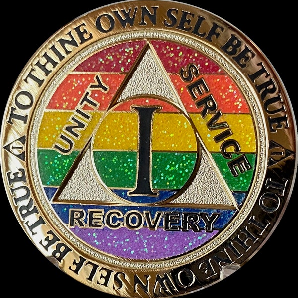 1 2 3 4 5 or 30 Year AA Medallion Reflex Rainbow Glitter Color Gold Plated Alcoholics Anonymous Sobriety Chip