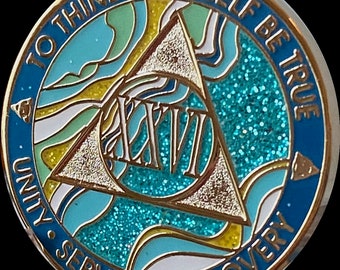 26 Year AA Medallion Elegant Marble Caribbean Aqua Glitter and Blue Sobriety Chip