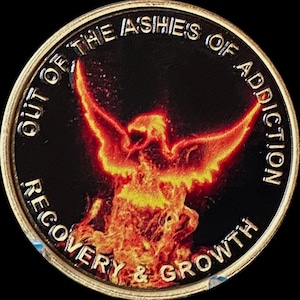 Color Out Of The Ashes Of Addiction Flames Phoenix Sobriety Chip Serenity Prayer Coin