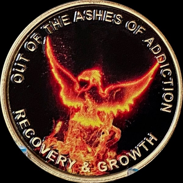 Color Out Of The Ashes Of Addiction Flames Phoenix Sobriety Chip Serenity Prayer Coin